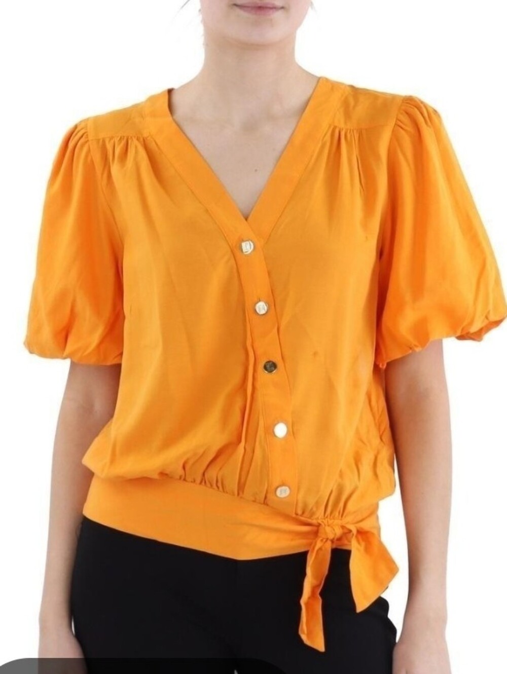 Karl Lagerfeld Vibrant Orange V-Neck Button Blouse with Waist Tie